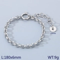 Silver stainless steel Rolo chain bracelet with a round initial K letter pendant tag - Silver - Letter K (KB186400-Z)
