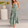 Detail of multi-layered hemline on green and black striped maxi dress with thin straps - S / Black