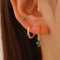 Three-piece set of gold earring hoops and studs with green diamond-shaped zircon stones - Imitation Gold Emerald Style (K-918) / 3 Piece Set