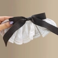 Handcrafted black ribbon hair bow clip with white lace ruffle edges for girls - Lace Bow Spring Clip / Gray