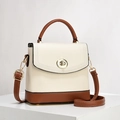 Elegante borsa a mano in pelle beige e marrone con chiusura a scatto dorata e tracolla - Crema e Giallo