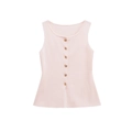 Close-up of light pink knit vest featuring elegant golden buttons and ribbed texture - Pink