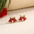 Christmas bell stud earrings in red enamel with golden bowknot festive jewelry detail - Bowknot Bell (EAR0034)