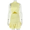 Detail of yellow sleeveless mini dress featuring ruched design and ruffled hemline - S / Yellow