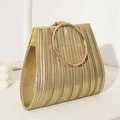Golden pleated evening clutch bag featuring a metallic ring handle on a white surface - Gold