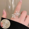 Adjustable silver flower ring with textured petals and crystal centers for women - Grain Texture Double Flower(JZ5023)