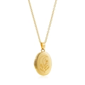 Detail showing an 18K gold-plated oval locket pendant with engraved moon and floral patterns - Gold Moon
