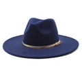 Detailed close-up of dark blue wool fedora hat with gold ribbon buckle and wide brim - M (56-58cm) / Navy Blue