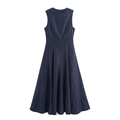 Deep blue sleeveless denim midi dress with cinched waist and A-line silhouette - XS / Dark Blue