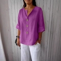Camicetta estiva viola in cotone e lino con scollo a V e bottoni decorativi - 3XL / Rosso Porpora (8055# Stile a Triplo Bottone)