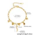 Detailed view of gold stainless steel bracelet featuring zircon heart and bell charms - Curved Moon Chili Style (E175) / Gold