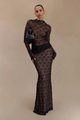 Dettaglio della trama del vestito da sera in pizzo nero con elegante collo alto e maniche - S / Nero