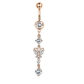 Rose gold belly ring with butterfly pendant and white zircon tassel on white background - Rose Gold Butterfly