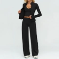 Three-piece black yoga set with zipper jacket, v-neck crop top and wide-leg yoga pants - S / Top And Bottom / Jacket+Vest+Wide Leg Pants—Premium Black