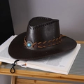 Vintage faux leather Western cowboy hat with turquoise emblem and adjustable chin strap - Adult (55-60cm) / Black