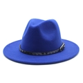 Close-up of royal blue fedora hat with black woven leather band and metal buckle detail - M (56-58cm) / Sapphire Blue