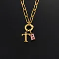 14K gold plated stainless steel necklace with pink gem and T letter pendant - Letter T