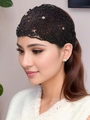 Elegant black lace headband featuring intricate floral patterns and sparkling black beads - Black
