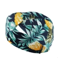 Elastic yoga headband with dark blue pineapple print and decorative twist knot - Dark Blue Background Pineapple Leaves (44)