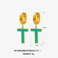 Pendientes dorados letra T de acero inoxidable con esmalte turquesa y diamantes de color - Dorado Esmalte Turquesa Forma de T