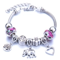 Silver beaded bracelet with pink glass beads and elephant tree of life charms - Rose Red
