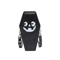 Black coffin-shaped crossbody bag with white pumpkin face print and adjustable strap - Black