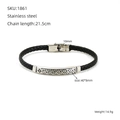 Herren Armband aus schwarzem Leder und Edelstahl mit Sternenmuster, Länge 21,5 cm - Schwarzes Geflochtenes Leder Mit Silberner Edelstahlplatte