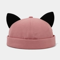 Detailed view of pink docker hat featuring cute black cat ear design and premium cotton texture - Adjustable / Dusty Pink