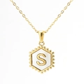 18K gold plated hexagonal necklace with letter S pendant and mother of pearl inlay - With Chain / Gold - Letter S
