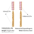 Detailed view of long stainless steel tassel earrings with pink zircon square gems - Gold Pink Rectangle Zircon Tassel Style (YYE025351-PK)