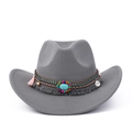 Chapeau de cowboy en feutre gris avec perles ethniques turquoise et pompons roses - M (56-59cm) / Gris Gland Ethnique