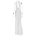 Detailweergave van witte halter maxi-jurk met diepe V-hals en elegante geplooide stof - M / Wit