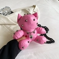Pink teddy bear crossbody bag with punk metal studs and a black chunky chain strap - Pink