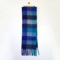 Winter blue plaid tassel scarf made of soft faux cashmere on a wooden hanger - Blue Cyan Grey Plaid