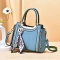 Light blue large capacity tote bag with white zigzag embroidery and leopard silk scarf - Blue