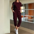 Women's two-piece casual set featuring a short sleeve top and burgundy cargo pants with drawstring - Burgundy