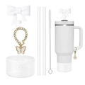 White Stanley cup accessories set with glitter silicone boot and butterfly chain pendant - White