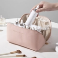 Trousse à maquillage rose à rayures verticales, grande capacité et lettrage doré - Rose