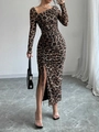 Sexy leopard print long sleeve dress with asymmetrical neckline and side drawstring slit - S / Black Leopard