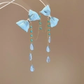 Orecchini a goccia dorati con fiocco in chiffon celeste e perline turchesi di alta qualità - Stile Goccia con Fiocco e Perno in Argento (85#) / Blu