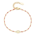 Detail of gold stainless steel chain bracelet with red beads and central evil eye charm - Evil Eye - Red Beads