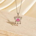 Silver butterfly necklace with pink enamel wings and dangling metal bead tassels - BXL0256-19 Silver Tassel Butterfly