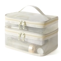 Beige double-layer mesh makeup bag with two zipper compartments for travel storage - Beige Mesh (Double Layer)
