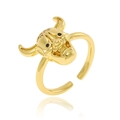 Anillo ajustable de cabeza de toro bañado en oro de 18K con ojos de circón negro y diamantes - Estilo Cabeza de Toro Fantasma (J-1429)