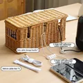 Rattan cable management box set with clips and velcro straps on a wooden desk - Small Side Opening Triple Hole + Full Cable Organizer Set