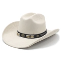 Detail of cream faux suede cowboy hat featuring ethnic beads and bronze metal emblems - M (56-57cm) / Beige Suede
