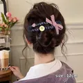 Barrette vintage à carreaux bleus avec boutons décoratifs et longueur de 12cm - Pince à Cheveux Noeud à Carreaux avec Bouton / 12cm / Rose