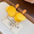 Floral fabric tassel earrings with yellow gauze petals and white pearl drops - Flower Style (49#) / 925 Silver Needle / Gold-Yellow