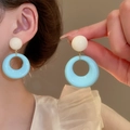 Elegant sky blue enamel hoop earrings with a cream-white pearl stud post - Blue White Splicing Textured Drops (44# Silver Needle)
