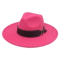 Classic rose red wool felt fedora hat featuring a wide brim and black leather belt buckle - Rose Red Heart (Black Wide Leather)